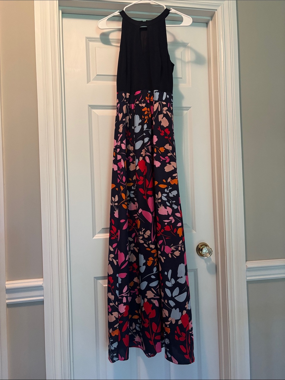 Vince Camuto Black Halter Maxi Dress with Multicolor Floral Skirt
